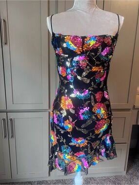 Lucy In The Sky Black Sequin Floral Slip Dress - Multicolor Accents - Size M